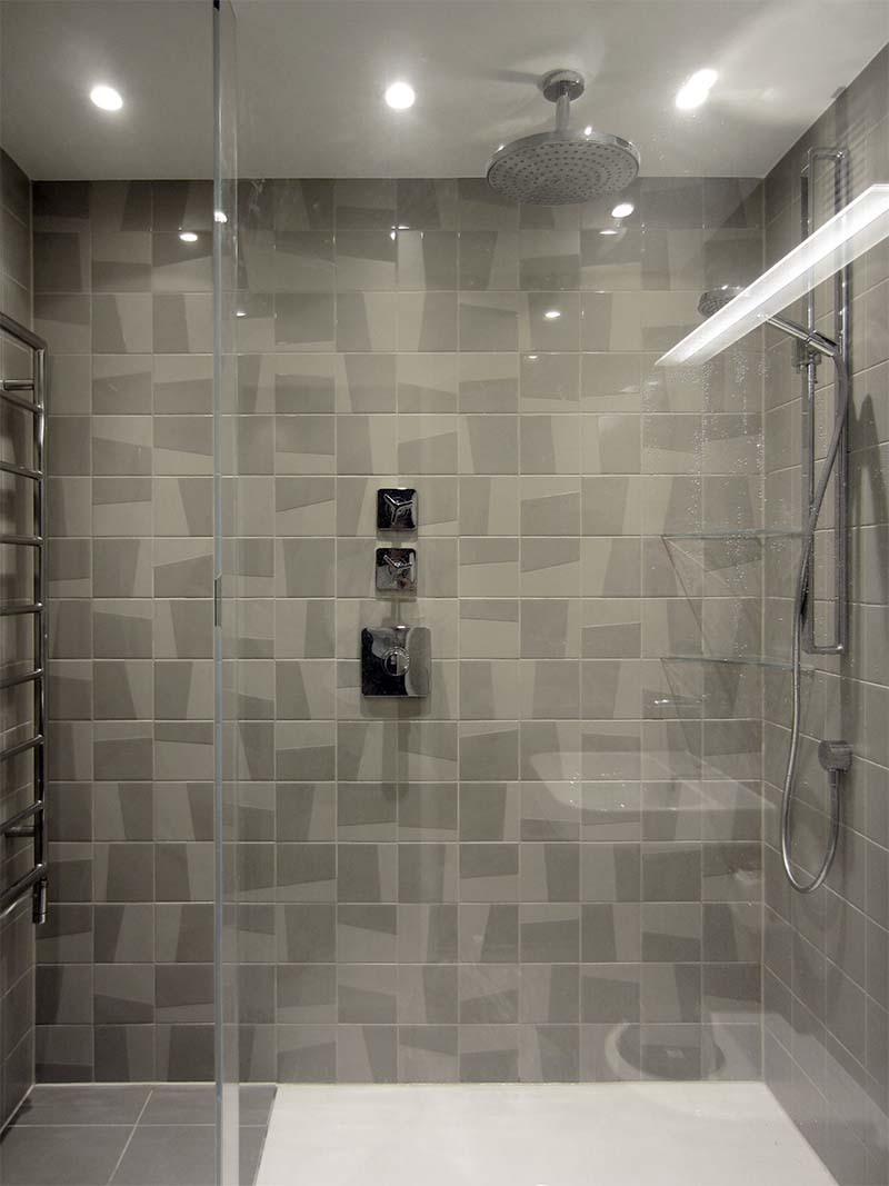 Walk-in shower in the new bathroom of this Barbican Shakespeare Tower interior design project