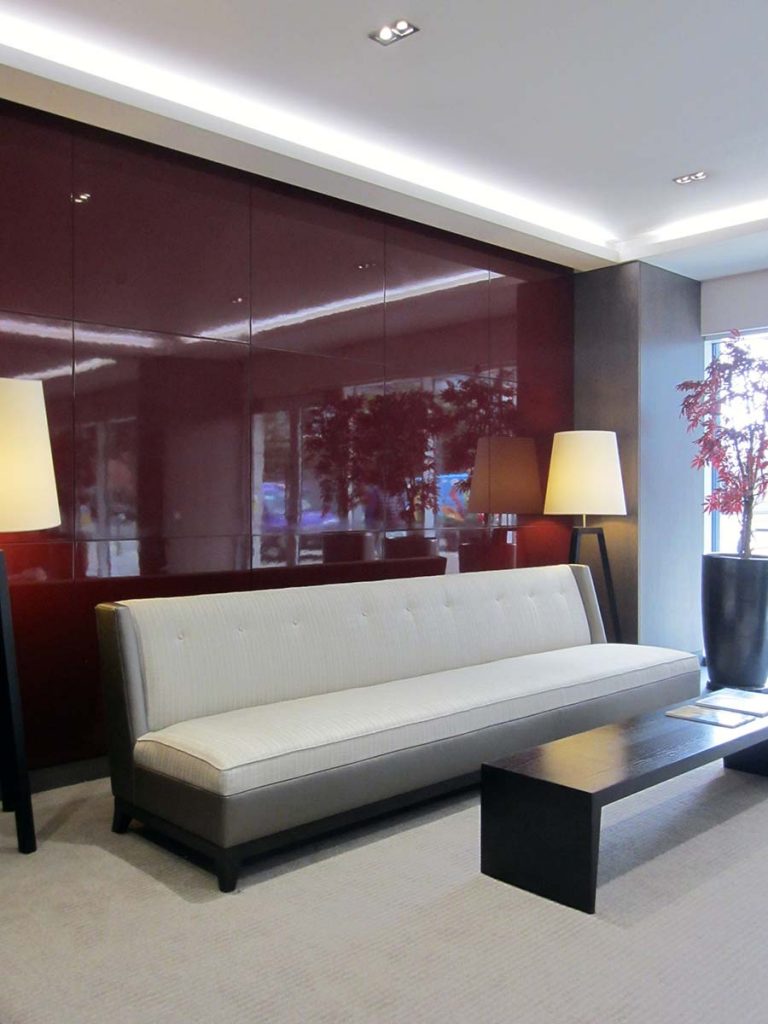 interior design of reception at imperial wharf in london